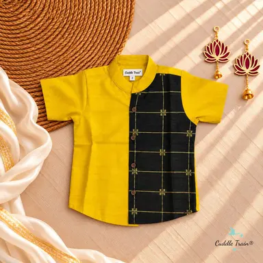 Marigold & Black Bathik Linen Half-and-Half Shirt