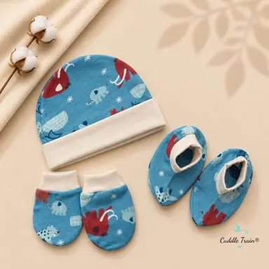 Cotton Cap Mittens Booties Set โ Safari Blue
