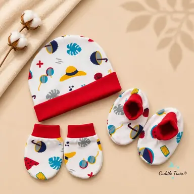 Cotton Cap Mittens Booties Set โ Colourful Doodles