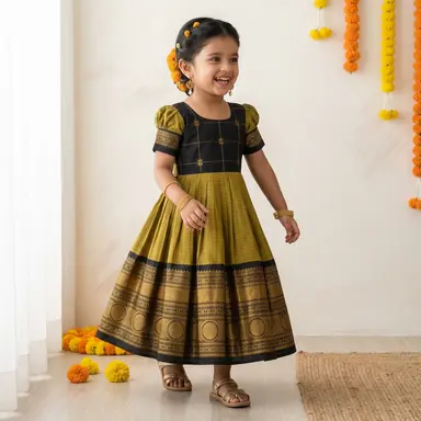 Olive & Black Ethnic Frock for Girls