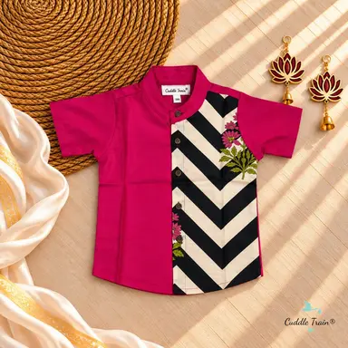 Fuchsia Chevron Bathik Linen Half-and-Half Shirt