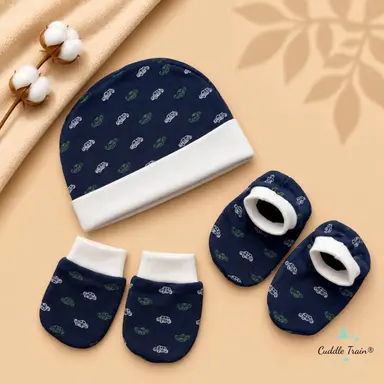 Cotton Cap Mittens Booties Set โ Little Cars Navy