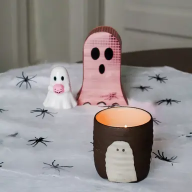Handmade Halloween Ghost Cup Candle - Raw Sugar, Clove & Sandalwood Scent