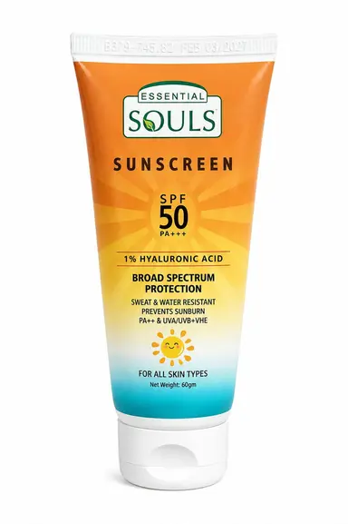 Essential Souls Sunscreen SPF 50 PA++++ 60gm with 1% Hyaluronic Acid, Broad Spectrum Sun Protection, Sweat & Water Resistant, with Aloe Vera, Licorice