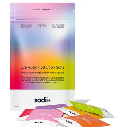 SODII Hydration Salts – 6-Flavour Electrolyte Sachet Sample Pack with Australian Lake Salt for Hydration & Recovery