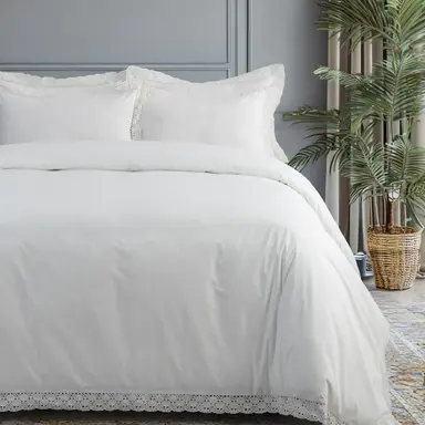 Bedsheet + Duvet Cover + Pillow Cover - Crochet Border (White)