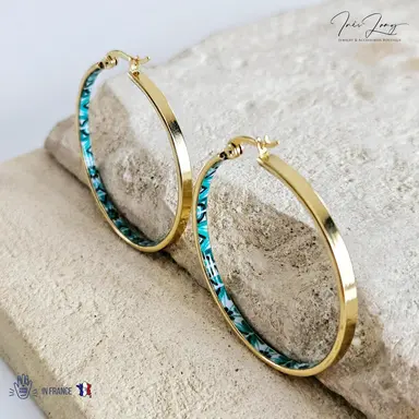 Gold Green Tiles Flat Hoop Earrings