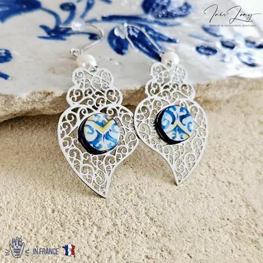 Viana Heart Blue Tile Filigree Silver Steel Earrings