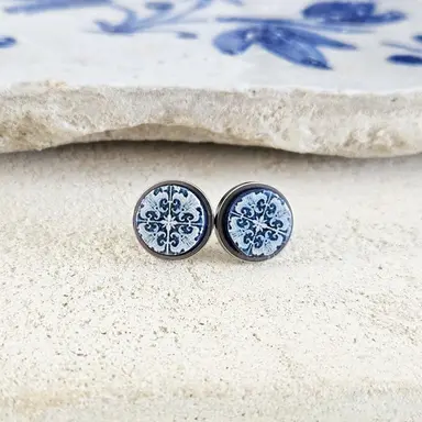 Portugal Antique Tile Small Round Stud Earrings