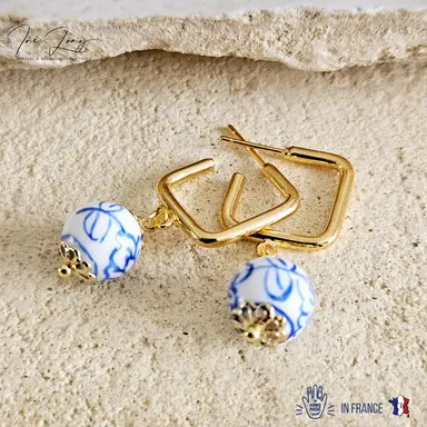 Geometric Square Hoop Earrings - Ceramic Hand Painted Flower Charm Bead