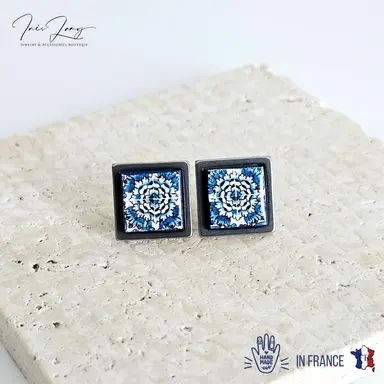 Small Square Blue Tile Steel Stud Earrings