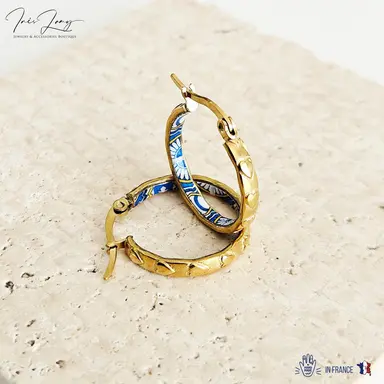 Etched Heart Yellow Blue Inlay Tile Hoop Earrings