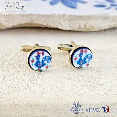 Rooster Blue & Bronze Round Cufflinks