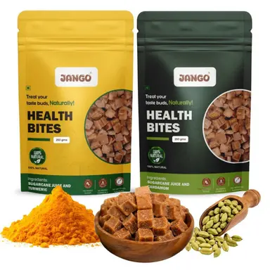 JANGO Health Bites Combo Jaggery mía tự nhiên – Jaggery Cardamom & Curcumin | 100% Thuần khiết & Tốt cho sức khỏe | Không đường bổ sung | Khối Jaggery
