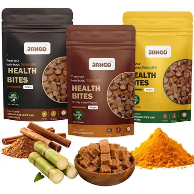 JANGO Health Bites Natural Sugarcane Jaggery Combo – Sugarcane, Cinnamon, Turmeric Jaggery | 100% Pure & Healthy | Zero Added Sugar | Jaggery Cubes sm