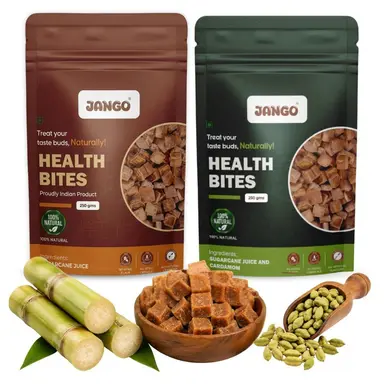 JANGO Health Bites Natural Sugarcane Jaggery Combo – Sugarcane & Cardamom Jaggery | 100% Pure & Healthy | Zero Added Sugar | Jaggery Cubes small | 500