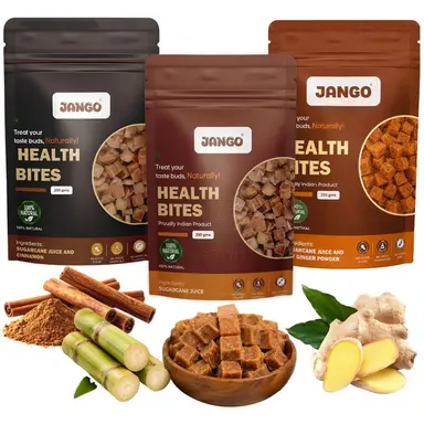 JANGO Health Bites Natural Sugarcane Jaggery Combo – Sugarcane, Cinnamon,Ginger Jaggery | 100% Pure & Healthy | Zero Added Sugar | Jaggery Cubes small