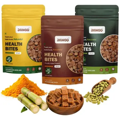 JANGO Health Bites Natural Sugarcane Jaggery Combo – Sugarcane, Turmeric, Cardamom Jaggery | 100% Pure & Healthy | Zero Added Sugar | Jaggery Cubes sm