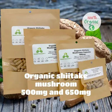 USDA Certified Organic Shiitake Mushroom (Lentinula edodes) 500mg and 650mg Vegetarian Capsules Made Fresh to Order