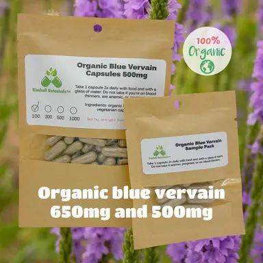 USDA Organic Blue Vervain (Verbena hastata) 500mg and 650mg vegetarian capsules, or tincture, no fillers or binders
