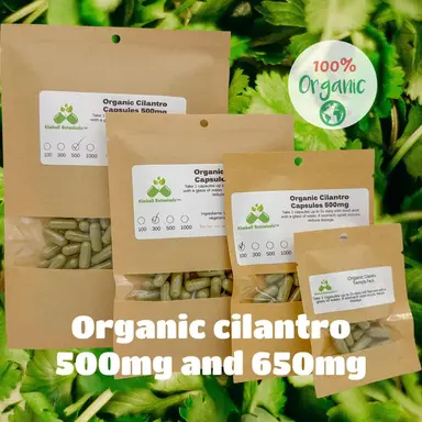 Organic Cilantro (Coriandrum sativum) 500mg and 650mg vegetarian capsules, no fillers or binders of any kind