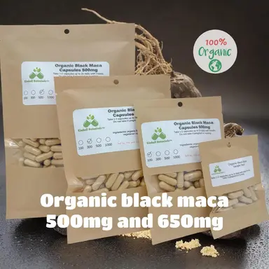 USDA Organic Black Maca (Lepidium meyenii) 500mg and 650mg vegetarian capsules made fresh to order.