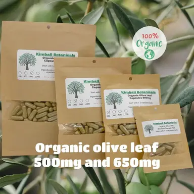 Organic Olive Leaf Complex (Olea europaea) 500mg and 650mg vegetarian capsules, zero fillers or binders