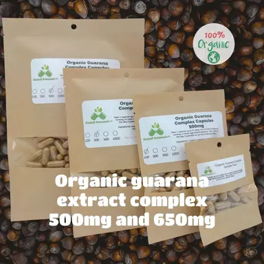 USDA Certified Organic Guarana Seed Extract Complex (Paullinia cupana) 500mg and 650mg vegetarian or pullulan capsules, made fresh to order