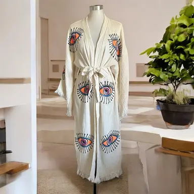 Handmade Turkish Cotton+Bamboo+Muslin Robe - Kimono with Evil Eye