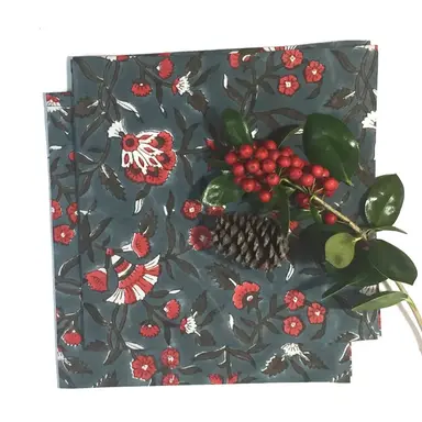 Napkin Set in Block Printed Organic Cotton - Holly Teal Print