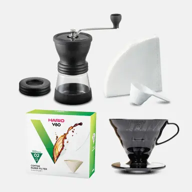 Bộ Dụng Cụ Phơi Cà Phê Hario V60 và Máy Xay Skerton N (Đen) + 500g Cà Phê Naked Roaster