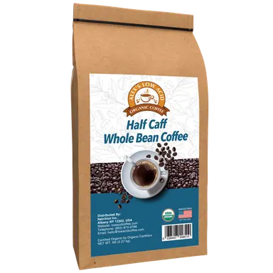 Alex's Low-Acid Organic Coffee™ - Half Caff Whole Bean (5lbs)