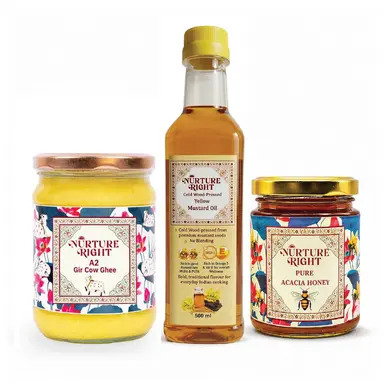 The Golden Essentials Trio (500ML Ghee + Yellow Mustard Oil + Honey)