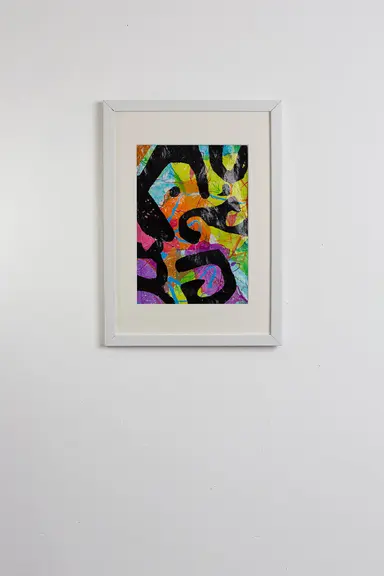 Abstract vibrant original artwork made from 100% upcycled single-use waste plastic- blue, pink, purple, yellow, green, orange and black