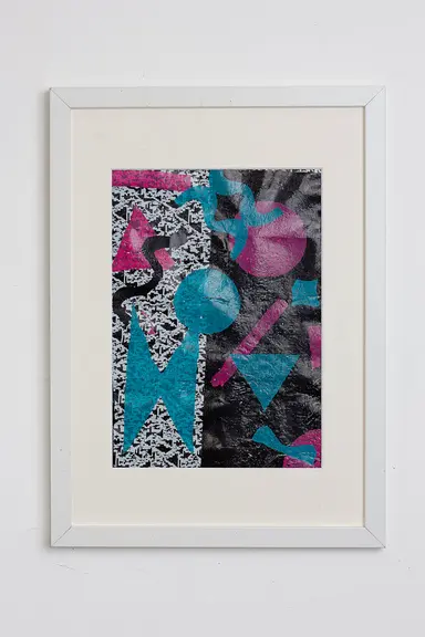 Abstract vibrant original artwork made from 100% upcycled single-use waste plastic- blue, pink, and black