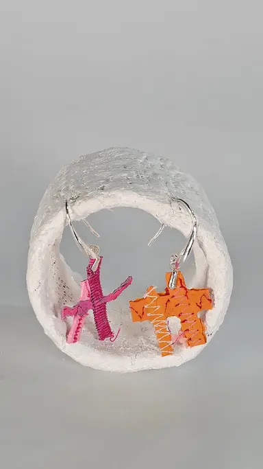 Tiny colourful pink, orange and red abstract asymmetric  '# A' earrings
