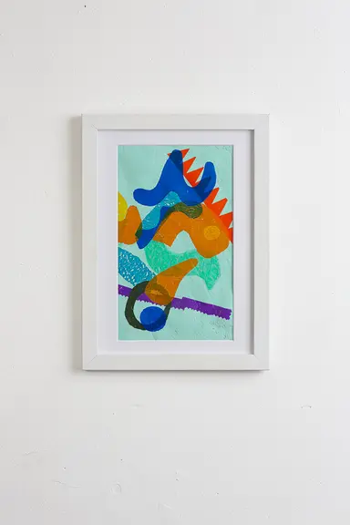 Abstract vibrant original artwork made from 100% upcycled single-use waste plastic- orange, blue, mint, green and purple