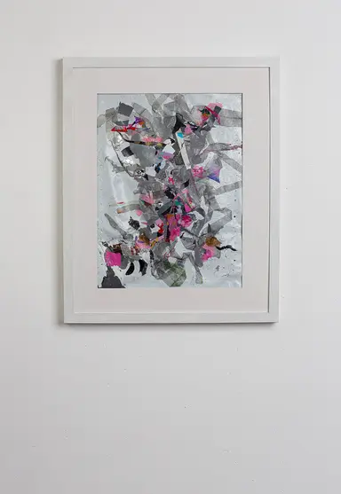Abstract vibrant original artwork made from 100% upcycled single-use waste plastic- pink, white, and grey