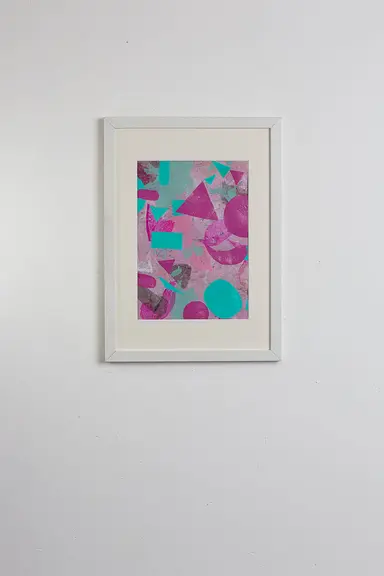 Abstract vibrant original artwork made from 100% upcycled single-use waste plastic- turqoise, pink, grey