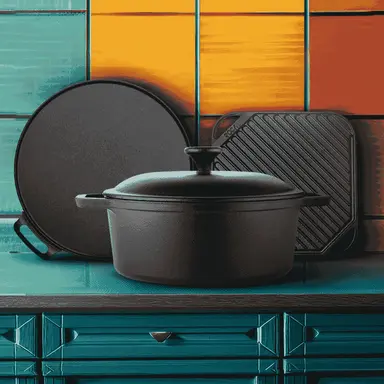 Roca Masala Magic Trio [Nấu Chậm Ma Thuật & Đa Năng] | Nồi Dutch Oven 24CM Có Nắp & Đĩa Grill Triton 25CM & Vỉ Dosa Triton 30CM | Tay Cầm