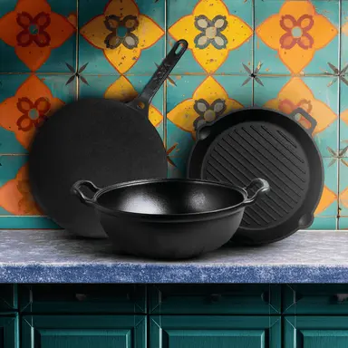 Roca Coastal Curry Crew [Seafood Lover's Paradise] | Triton Kadai - 22CM & Nix Dosa Tawa - 30CM & Triton Grill Pan - 25CM | Handle Sleeves & Storage B