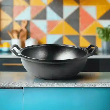 Roca Triton Cast Iron Kadai - 20CM - 100% Natural & Non-Stick | Pre-Seasoned Oil | Cotton Sleeves for Handles & Storage Bag | Made in India