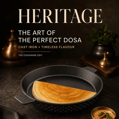 Roca Europa - Heritage Cast Iron Dosa Tawa - 20CM - 100% Natural & Non-Stick | Pre-Seasoned Oil | Cotton Sleeves for Handles & Storage Bag | Made in I