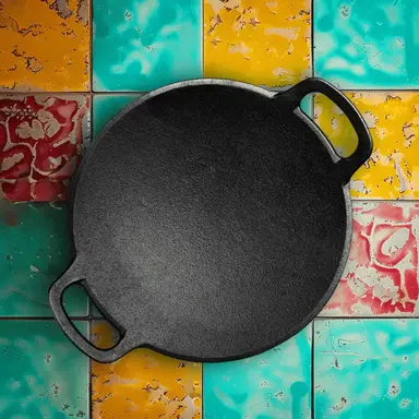 Roca Triton Cast Iron Roti Tawa [Double Handle] - 25CM - 100% Natural & Non-Stick | Pre-Seasoned Oil | Cotton Sleeves for Handles & Storage Bag | Made