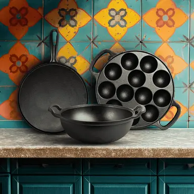 Roca South Indian Sambar Squad [Breakfast Magic Unlocked] | Nix Dosa Tawa - 28CM & Triton Paniyarakkal - 12-Pit & Triton Kadai - 24CM | Handle Sleeves