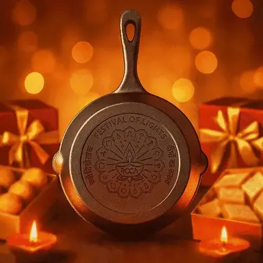 Roca Festive Cast Iron Skillet - 15CM - 100% Natural & Non-Stick | Pre-Seasoned Oil | Cotton Sleeves for Handles & Storage Bag | Made in India