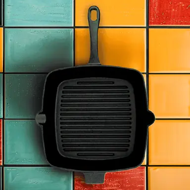 Roca Nix Cast Iron Grill Pan [Square] - 24CM - 100% Natural & Non-Stick | Pre-Seasoned Oil | Cotton Sleeves for Handles & Storage Bag | Made in India