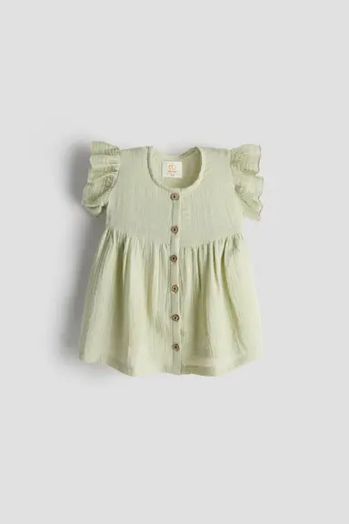 Baby Girl Frock with Flutter Sleeves | Organic Muslin Cotton | Mint Meadow | 0-24M