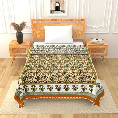 All Season Jaipuri Blanket | 100% Cotton | Block Print | Single Bed โ Yellow Floral Buta (63X90 Inches)