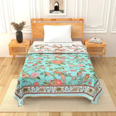 All Season Jaipuri Blanket | 100% Cotton | Block Print | Single Bed โ Birds & Floral Motifs (63X90 Inches)